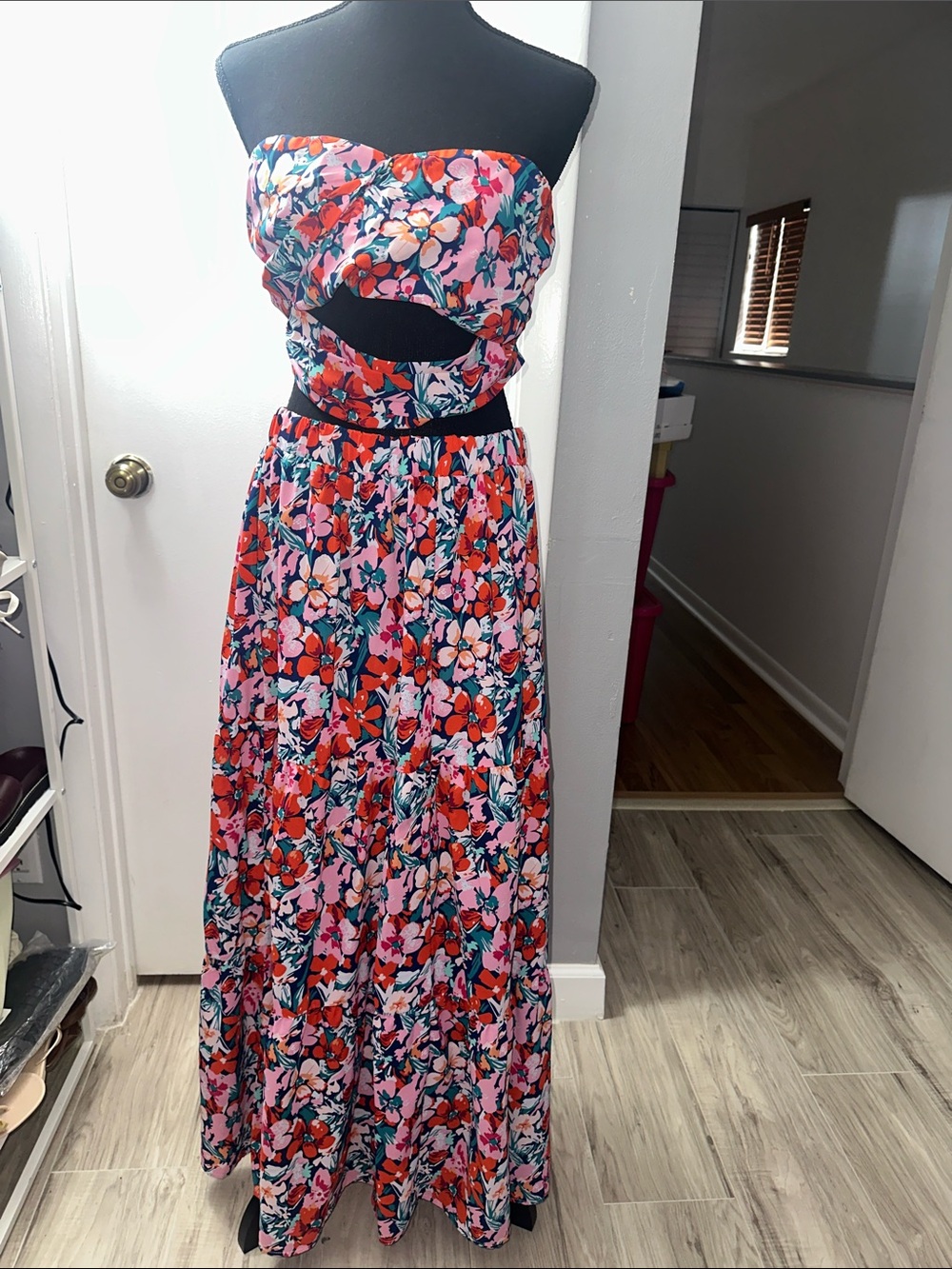 SHEIN Pink and Red Floral Strapless Cutout Maxi Dress